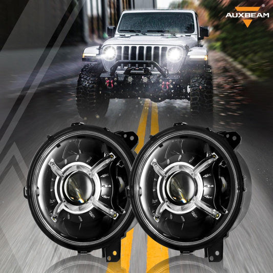 Auxbeam (2pcs/set) 9'' Round 100W LED light with Hi-Lo Beam & DRL for 2018-2022 Jeep Wrangler JL, 2019-2022 Gladiator JT - QP005944