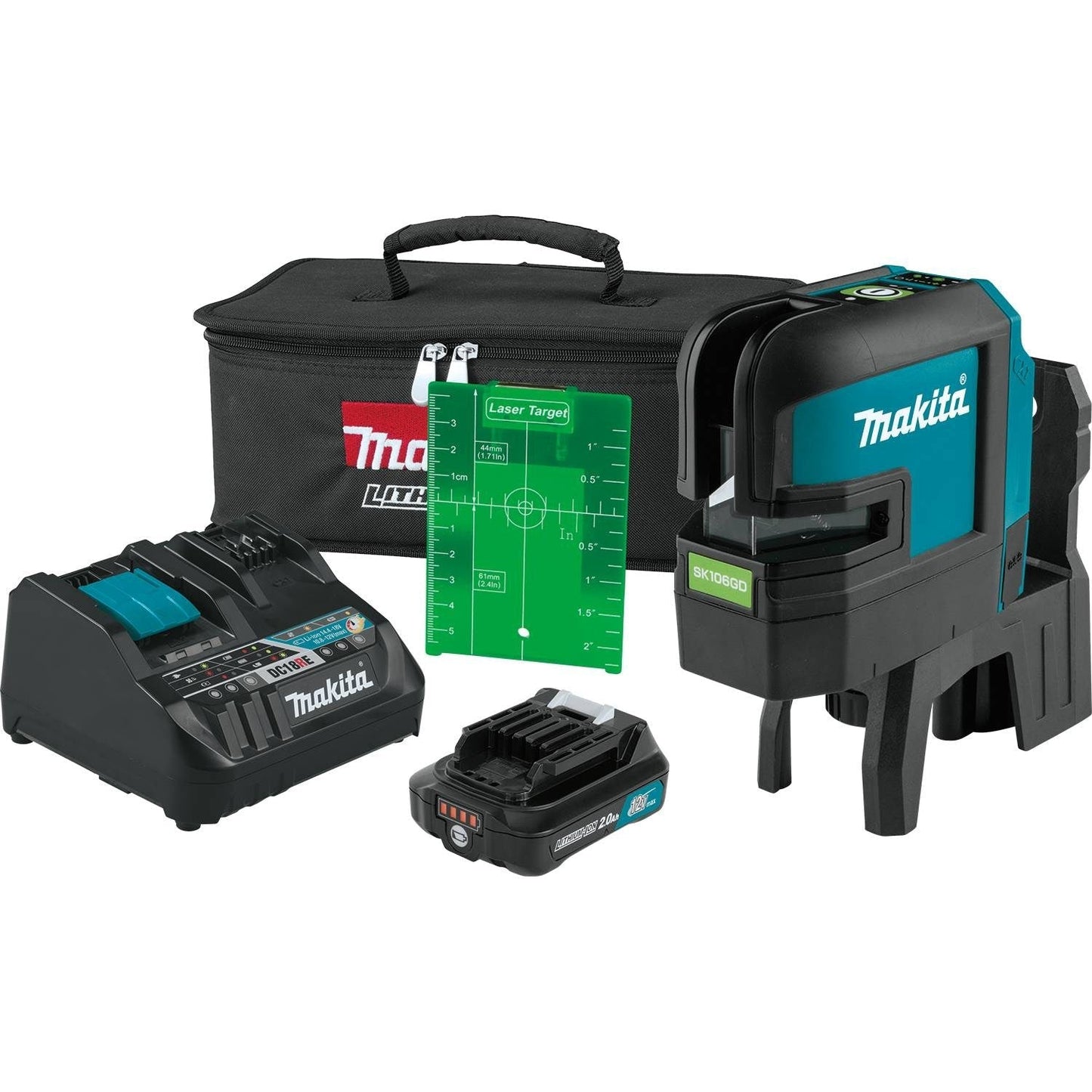 Makita 12V Max CXT Self-Leveling Cross-Line/4-Point Green Laser Kit, bag, with one battery - SK106GDNAX