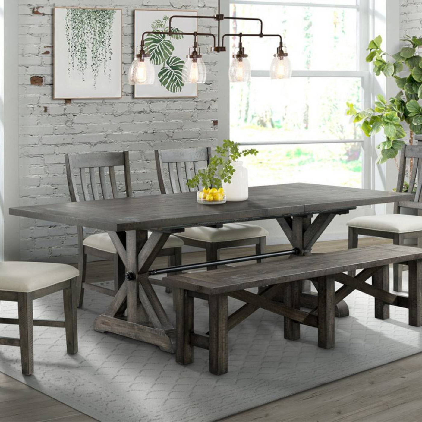 Sunset Trading Trestle 96" Rectangular Extension Pedestal Dining Table | Distressed Gray Wood - ED-SK100
