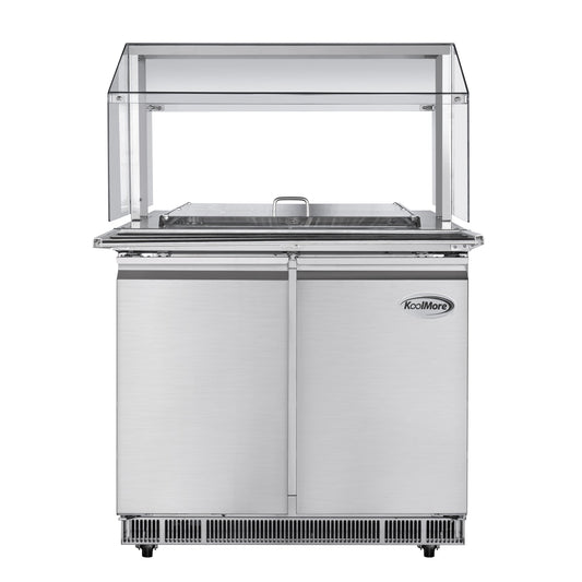 KOOLMORE 36 in. Commercial Refrigerated Prep Station with Sneeze Guard and Buffet Slide, 6-Pan (Not Included) with Cover Capacity and Two Adjustable Shelves in Stainless Steel, ETL Listed - KM-RBT-36CSFG