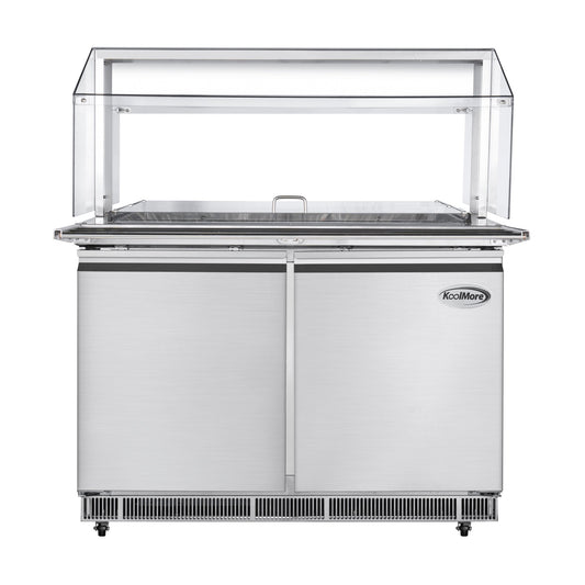 KOOLMORE 48 in. Commercial Refrigerated Prep Station with Sneeze Guard and Buffet Slide, 9-Pan Capacity with Covers and Two Adjustable Shelves in Stainless-Steel, ETL Listed - KM-RBT-48CSFG