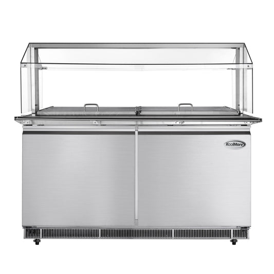 KOOLMORE 60 in. Commercial Refrigerated Prep Station with Sneeze Guard and Buffet Slide, 12-Pan Capacity with Covers and Two Adjustable Shelves in Stainless-Steel, ETL Listed - KM-RBT-60CSFG