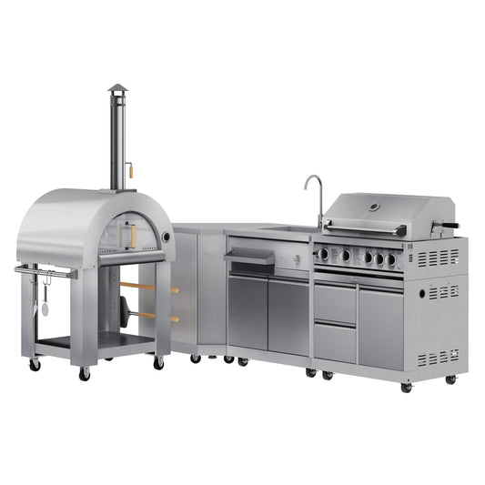 KOOLMORE KoolMore Outdoor Kitchen Series Modular Kitchen with a Wood Fire Pizza Oven, Corner Cabinet, Sink, 30 in. BBQ Grill and Cabinet in Stainless-Steel - KMOKSKITCONFIG104