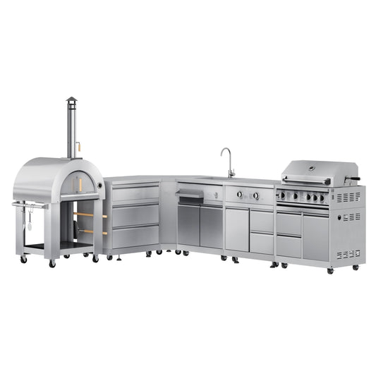 KOOLMORE KoolMore Outdoor Kitchen Series Modular Kitchen with a Wood fire Pizza Oven, 3 Drawer Cabinet, Corner Cabinet, Sink, Side Burner, 30 in. BBQ Grill and Cabinet in Stainless-Steel - KMOKSKITCONFIG110