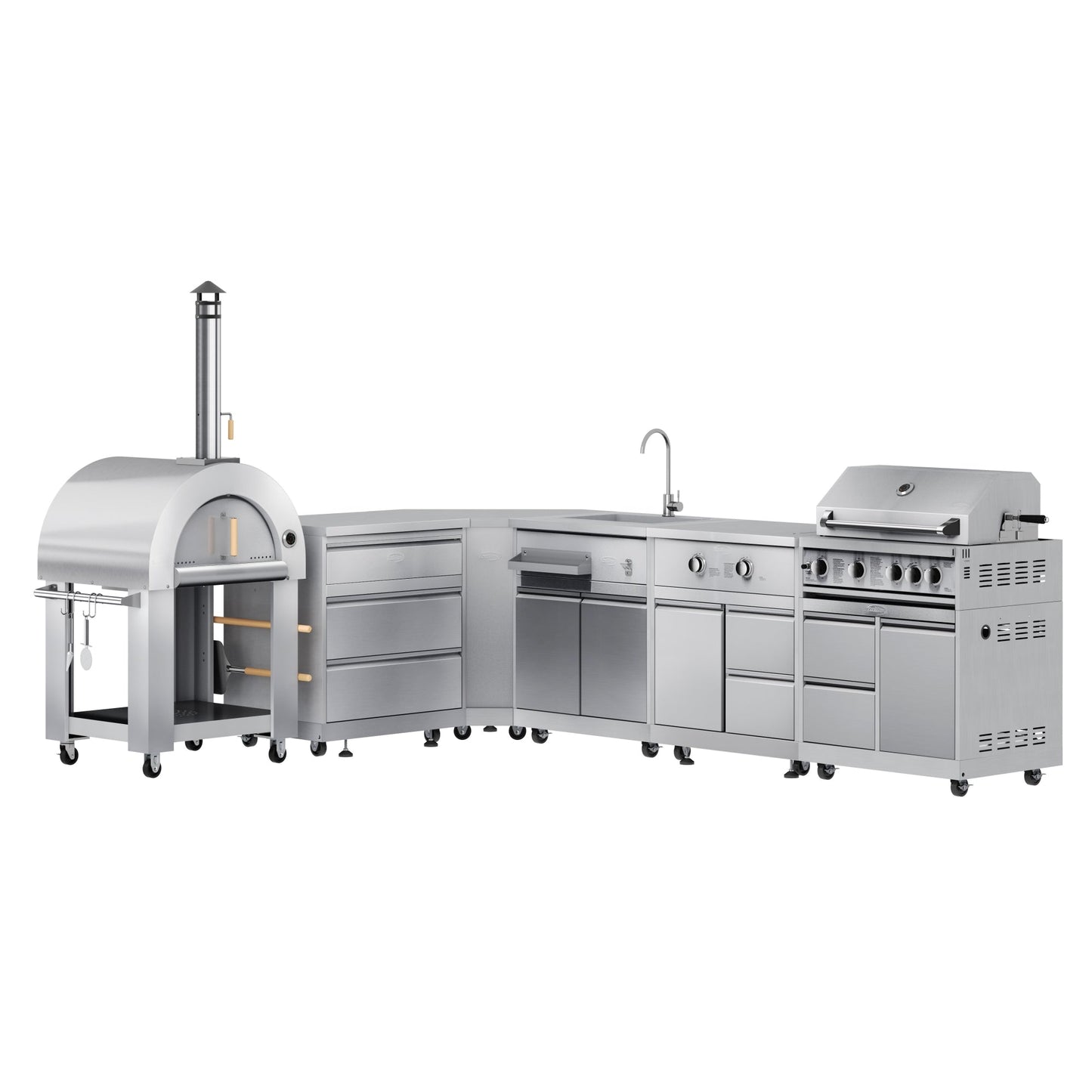 KOOLMORE KoolMore Outdoor Kitchen Series Modular Kitchen with a Wood fire Pizza Oven, 3 Drawer Cabinet, Corner Cabinet, Sink, Side Burner, 30 in. BBQ Grill and Cabinet in Stainless-Steel - KMOKSKITCONFIG110