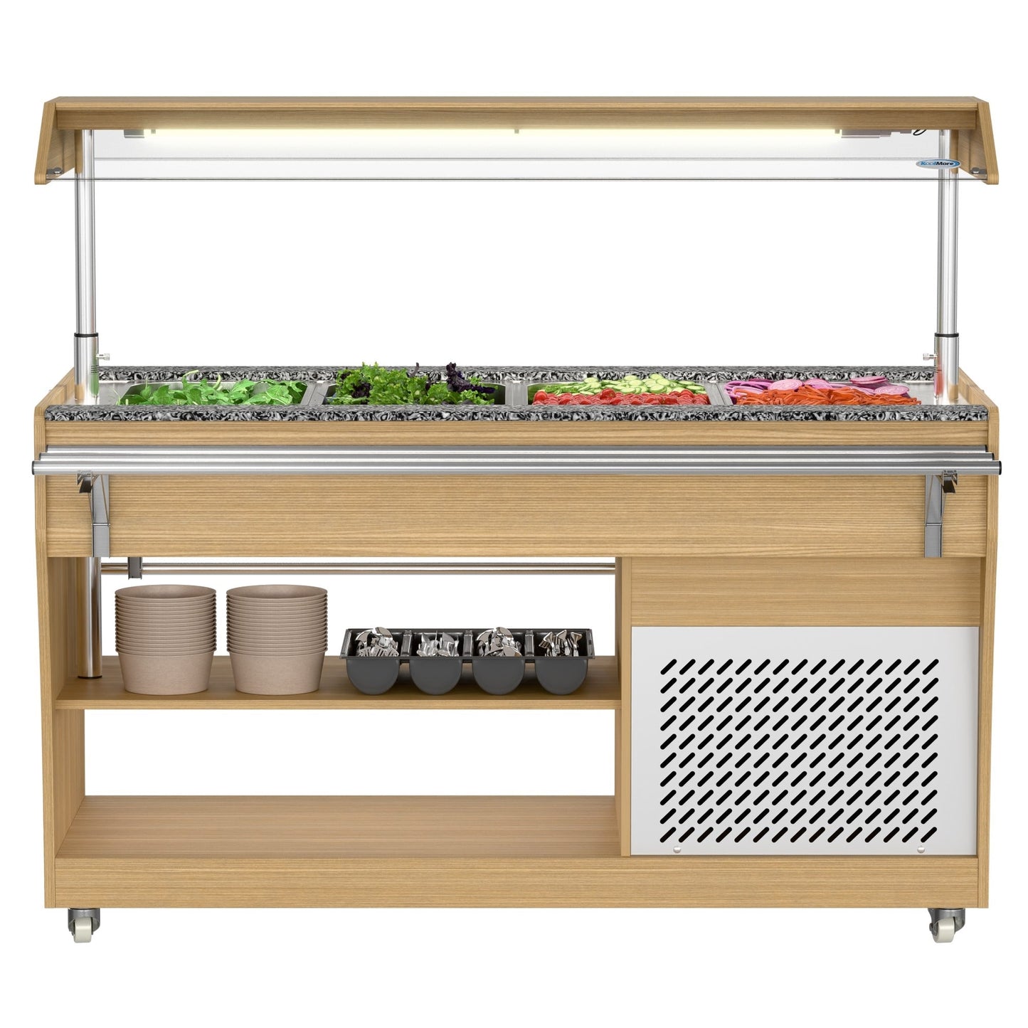 KOOLMORE 59 in. Commercial Refrigerated Buffet Table with Capacity for 4 Full-Size GN Pans, Featuring Adjustable Cover, a Serving Rail and 4 Lockable Casters in Wooden Finish - KM-RBT-54ACS