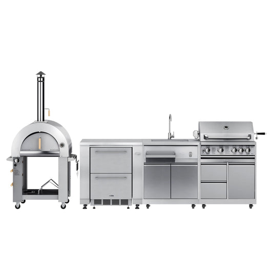 KOOLMORE KoolMore Outdoor Kitchen Series Modular Kitchen with a Dual Fuel Pizza Oven, Refrigerator and Cabinet, Double Refrigerator Drawers, Sink and 30 in. BBQ Grill and Cabinet in Stainless-Steel - KMOKSKITCONFIG101
