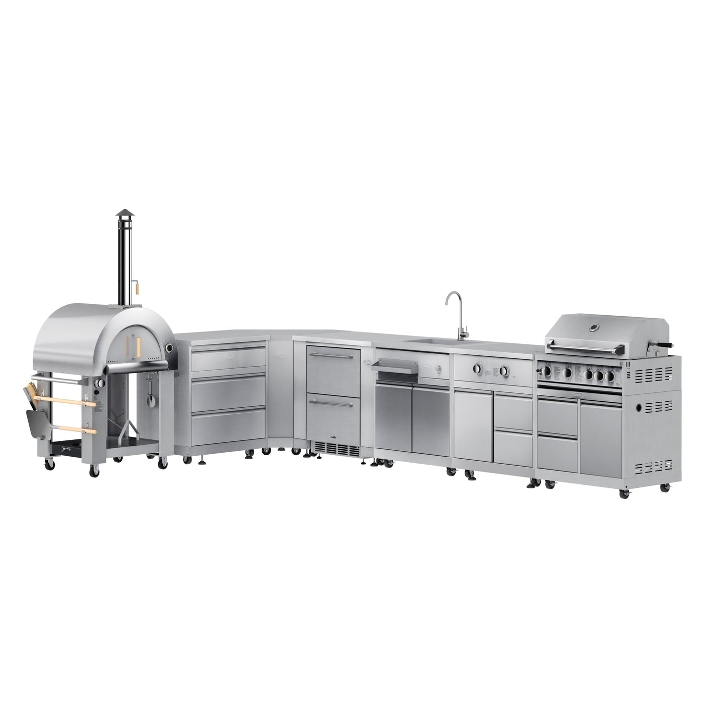 KOOLMORE Outdoor Kitchen Series Modular Kitchen with Dual-Fuel Pizza Oven, 3-Drawer Cabinet, Corner Cabinet, Double Refrigerator Drawers, Sink, Side Burner, and 30 in. BBQ Grill in Stainless Steel (KM-OKSKIT-CONFIG) - KMOKSKITCONFIG107