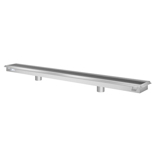 KOOLMORE 12" x 96" Stainless Steel Floor Trough Drain, 14-Gauge with Subway-Style Grating & Removable Drain Basket, NSF Listed - KMFTG1296