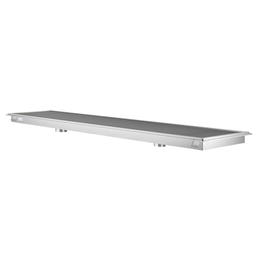 KOOLMORE 24" x 108" Stainless Steel Floor Trough Drain, 14-Gauge with Subway-Style Grating & Removable Drain Basket, NSF Listed - KMFTG24108