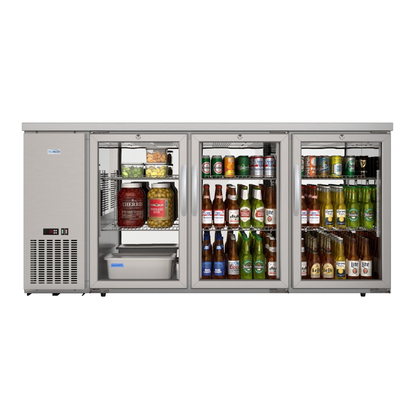 KOOLMORE 72 in. Commercial Three Glass Door Back Bar Cooler Refrigerator with Side Condenser and Compressor, LED Lighting, 18 Cu. Ft Capacity in Stainless-Steel - KMBC3GDSCSS
