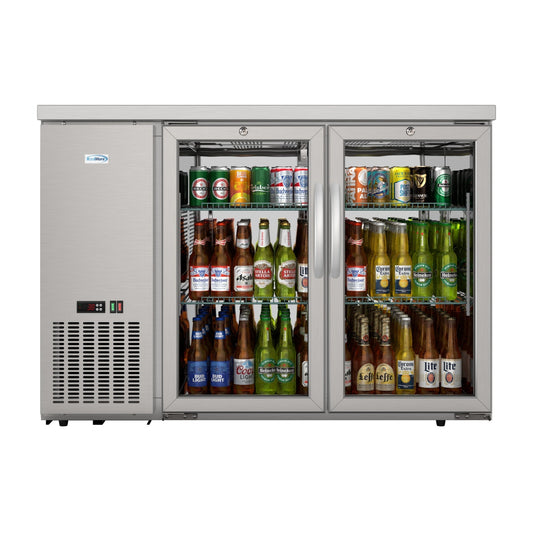 KOOLMORE 47 in. Commercial Two Glass Door Back Bar Cooler Refrigerator with Side Condenser and Compressor, LED Lighting, 11 Cu. Ft Capacity in Stainless-Steel - KMBC2GDSCSS