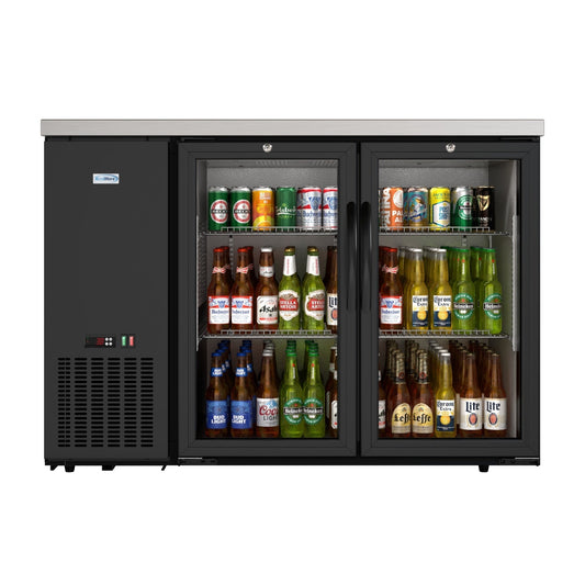 KOOLMORE 47 in. Commercial Two Glass Door Back Bar Cooler Refrigerator with Side Condenser and Compressor, LED Lighting, 11 Cu. Ft Capacity in Black - KMBC2GDSCBK