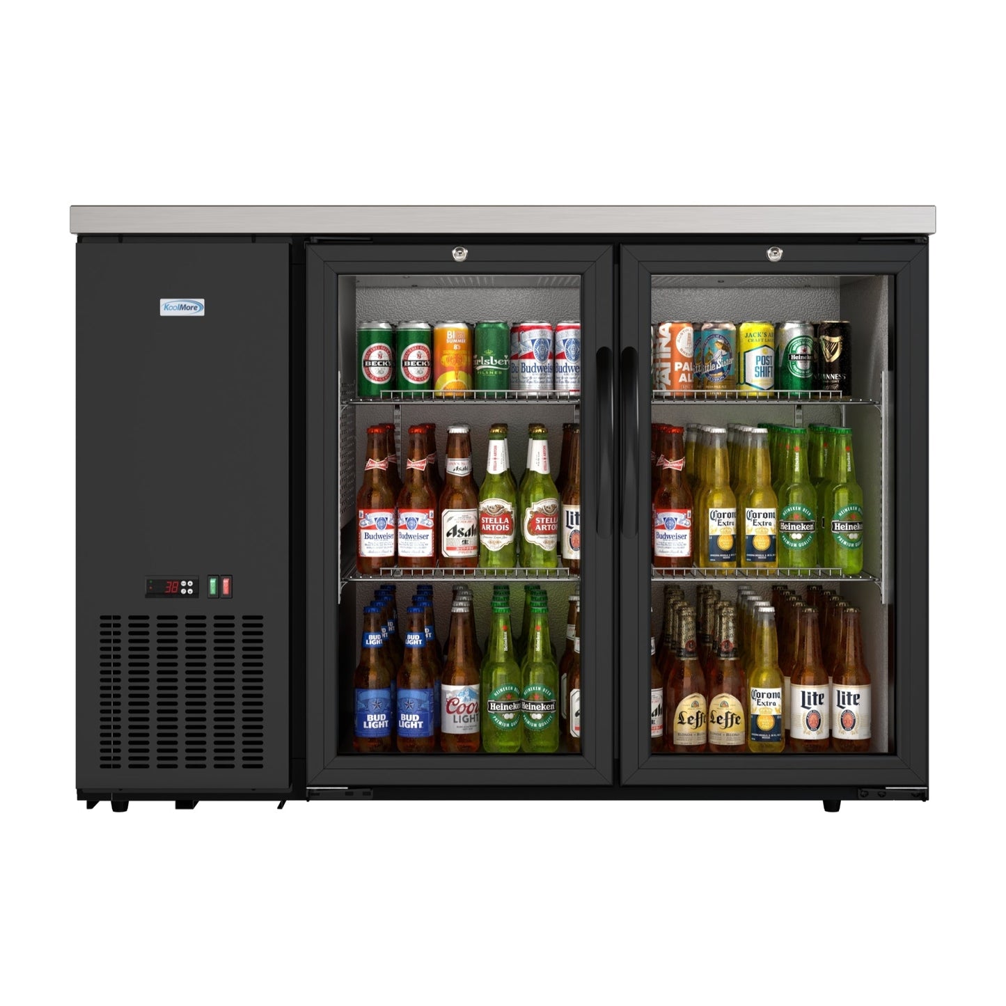 KOOLMORE 47 in. Commercial Two Glass Door Back Bar Cooler Refrigerator with Side Condenser and Compressor, LED Lighting, 11 Cu. Ft Capacity in Black - KMBC2GDSCBK