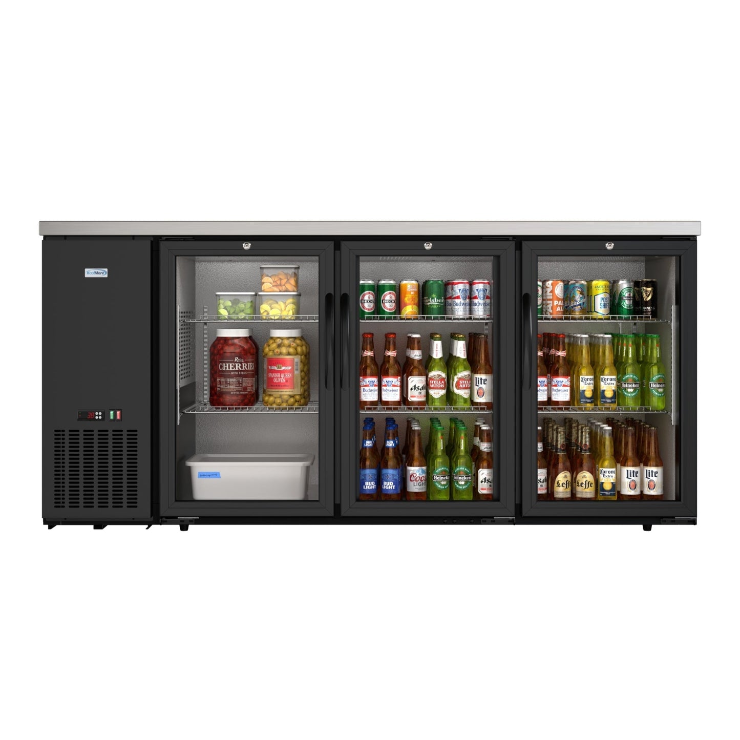 KOOLMORE 72 in. Commercial Three Glass Door Back Bar Cooler Refrigerator with Side Condenser and Compressor, LED Lighting, 18 Cu. Ft Capacity in Black - KMBC3GDSCBK