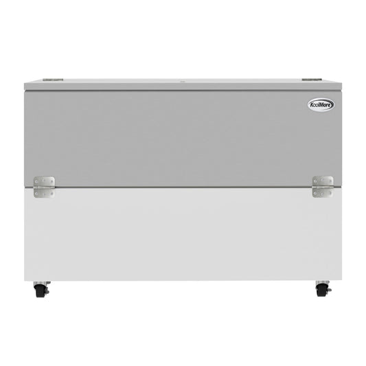 KOOLMORE 58 in. Commercial Milk Cooler for School and Cafeteria, 16 Crate Capacity with Heavy Duty Casters in Stainless Steel and White - KMMC58HDC