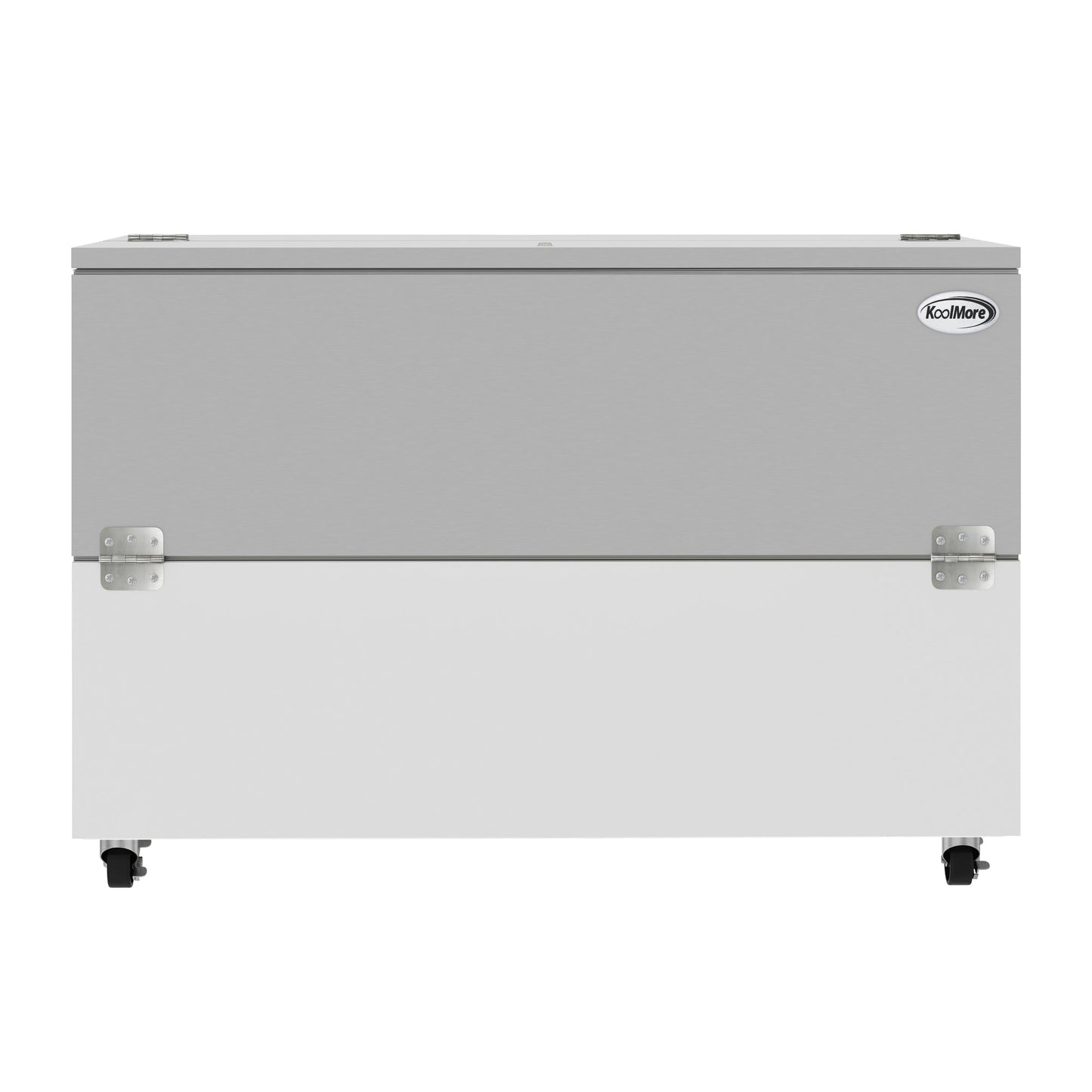 KOOLMORE 58 in. Commercial Milk Cooler for School and Cafeteria, 16 Crate Capacity with Heavy Duty Casters in Stainless Steel and White - KMMC58HDC