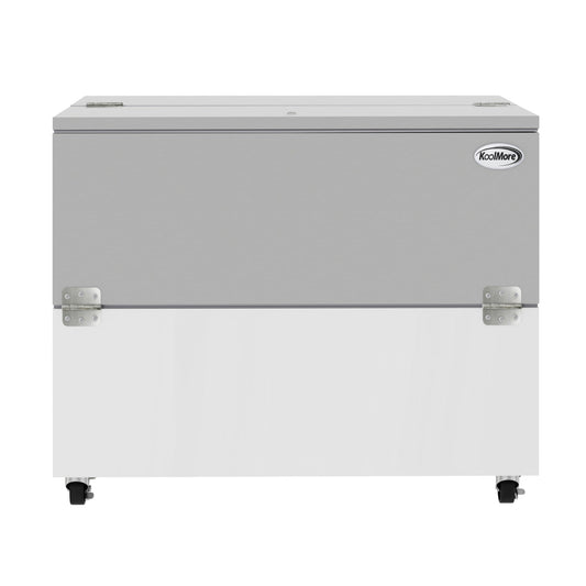 KOOLMORE 49 in. Commercial Milk Cooler for School and Cafeteria, 12 Crate Capacity with Heavy Duty Casters in Stainless Steel and White - KMMC49HDC