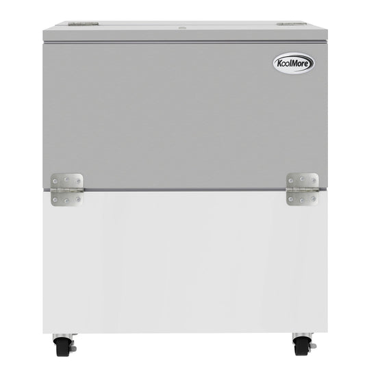 KOOLMORE 34 in. Commercial Milk Cooler for School and Cafeteria, 8 Crate Capacity with Heavy Duty Casters in Stainless Steel and White - KMMC34HDC