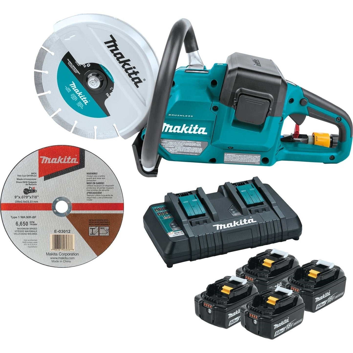Makita XEC01PT1 36V LXT Brushless 9" Power Cutter Kit, 4 ea. battery, cut-off wheel, dual port charger, lock-off - XEC01PT1