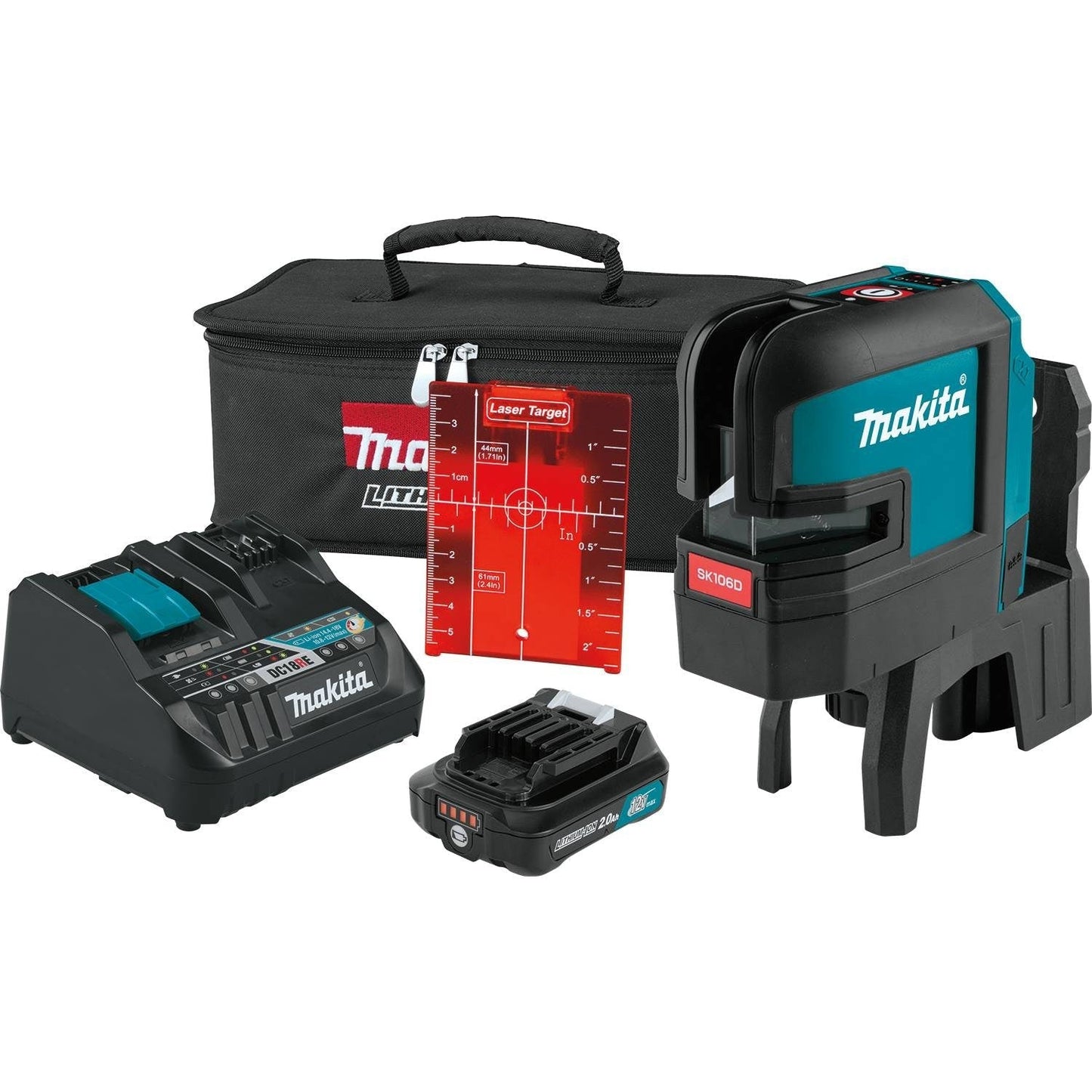 Makita 12V Max CXT Self-Leveling Cross-Line/4-Point Red Beam Laser Kit, bag, with one battery - SK106DNAX