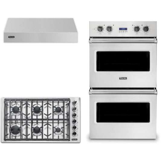 Viking 3-Piece Package 36 Inch Professional 5 Series Gas Cooktop and 27 Inch Double Convection Electric Wall Ove and 36 Inch Wall Mount Range Hoo - VDOE527SS