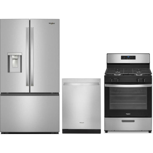 Whirlpool 3-Piece Package 36 Inch Freestanding French Door Refrigerator and 30 Inch Freestanding Gas Range and 24 Inch Fully Integrated Dishwasher - WRFF3536SZ 