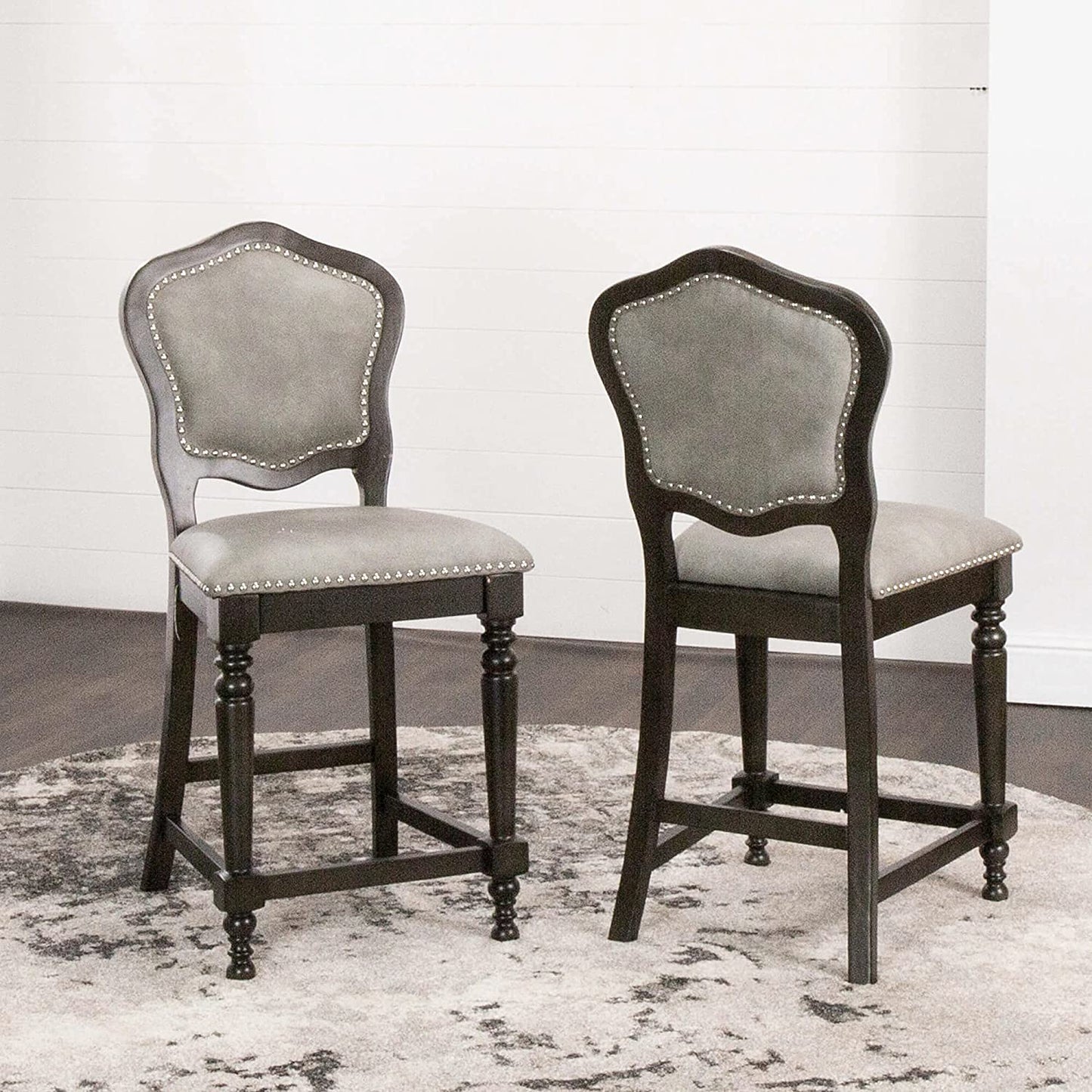 Sunset Trading Vegas Upholstered Barstools with Backs | Counter Height Dining Chairs | Distressed Gray Wood | Nailheads | Set of 2 - CR-87711-24-2
