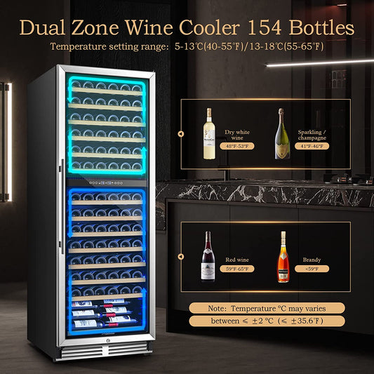 AAOBOSI 24" Free Standing 154 Bottles Wine Cooler in Stainless Steel with Wood Shelves - YC-408B