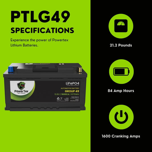 PowerTex 2013 Aston Martin Rapide Car Batteries BCI Group 49 / H8 Lithium LiFePO4 Automotive Battery - PTLG49-24