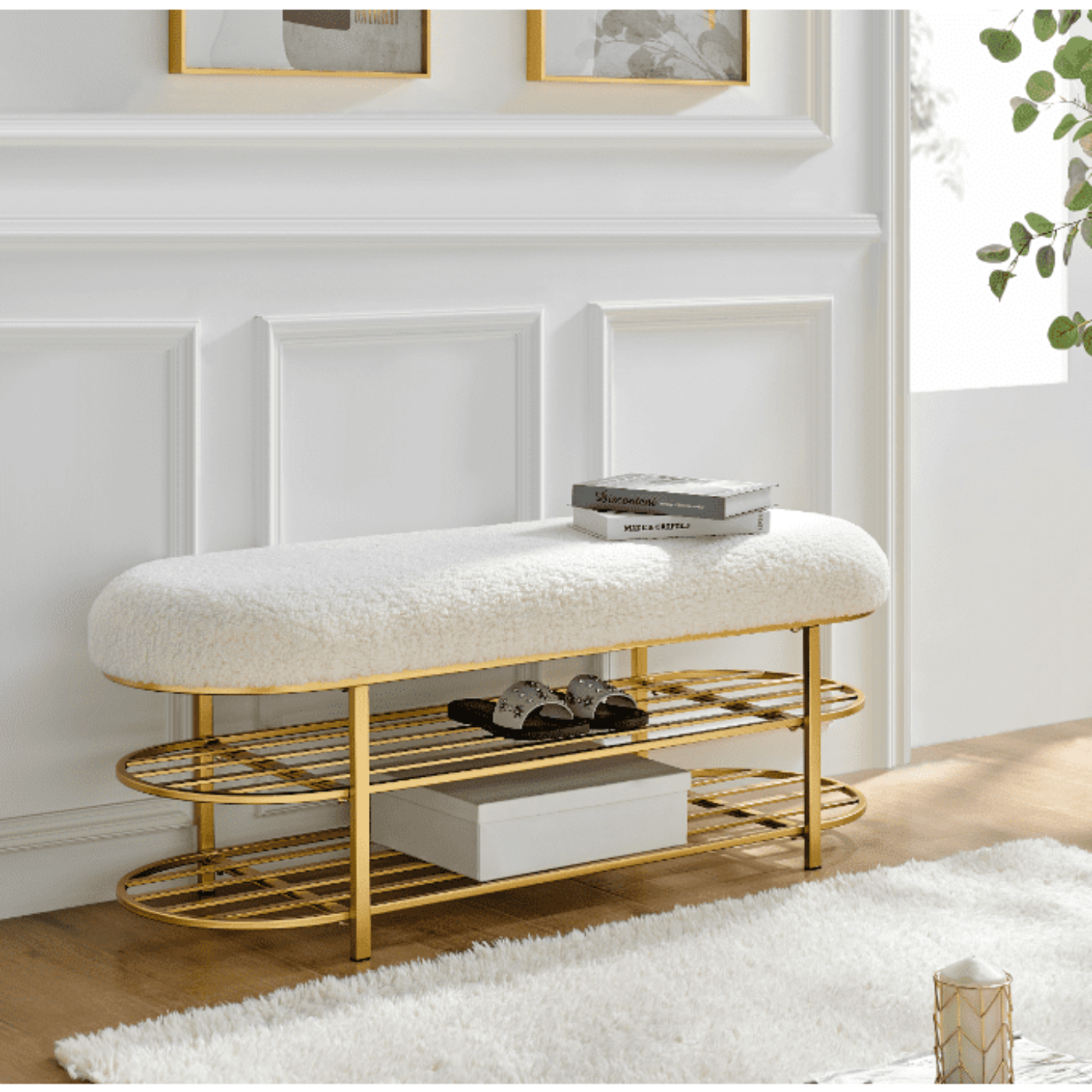 New Pacific Direct Frisly Shearling Fabric Bench w/ Shelf - 1600083-560
