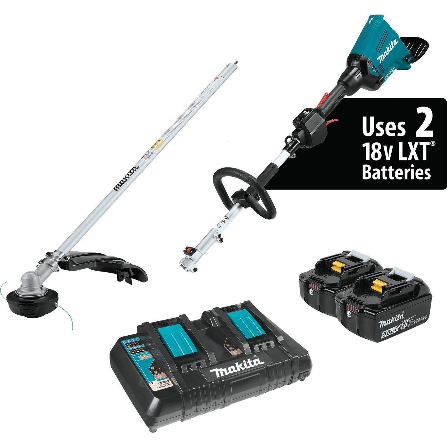 Makita 36V (18V X2) LXT Brushless Couple Shaft Power Head Kit with String Trimmer Attachment, dual port charger - XUX01M5PT