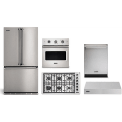 Viking 5-Piece Package 36 Counter-Depth French-Door Refrigerator and 36 5 Cooktop and 30 Wall Oven and 24 Integrated Dishwasher and 36 Hood - RVFFR336SS