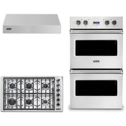 Viking 3-Piece Package 36 Inch Professional 5 Series Gas Cooktop and 27 Inch Double Convection Electric Wall Ove and 36 Inch Wall Mount Range Hoo - VGSU53616BSSLP