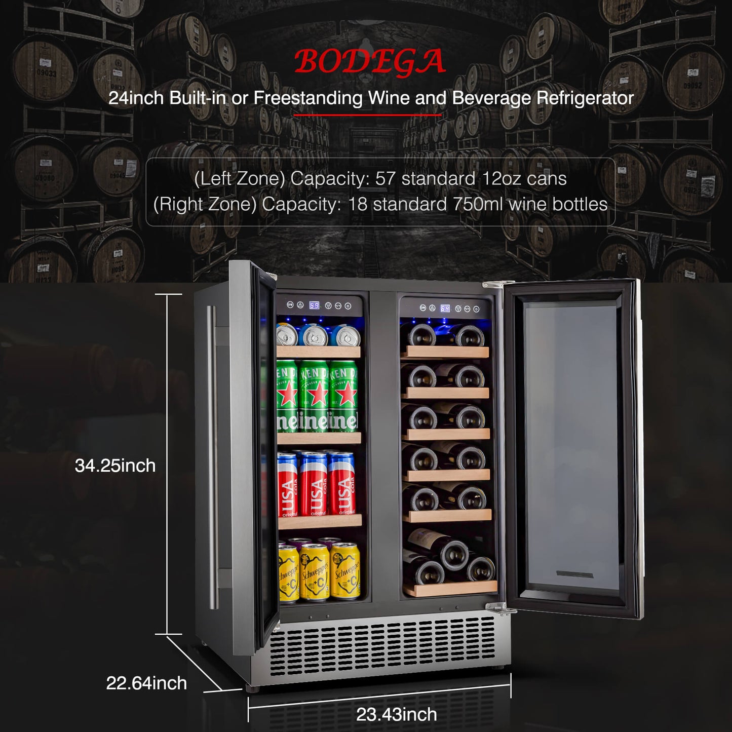 BODEGAcooler 24" Wine and Beverage Fridge Dual Zone 18 Bottles and 57 Cans - YC120-2D-1