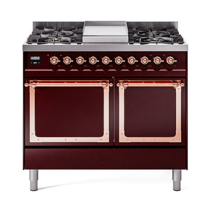 GREE ILVE 40 Inch Nostalgie II Noblesse Freestanding Dual Fuel Range with 6 Sealed Burners, Griddle, Solid Door with Copper Trim - UND40FQNMPBUP