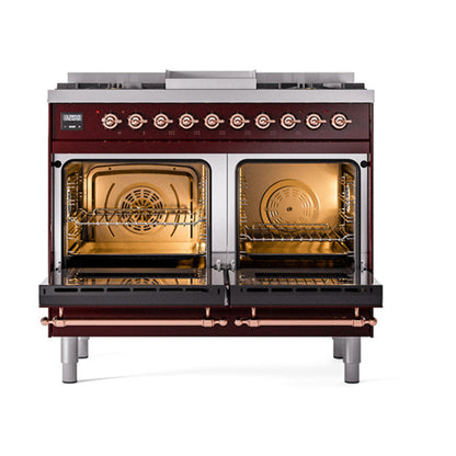 GREE ILVE 40 Inch Nostalgie II Noblesse Freestanding Dual Fuel Range with 6 Sealed Burners, Griddle, Solid Door with Copper Trim - UND40FQNMPBUP
