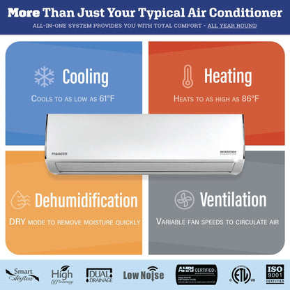 Pioneer Diamante Pro Series 30,000 BTU 19 SEER2 Ductless Mini-Split Air Conditioner Inverter+ Heat Pump Full Set 230V  with 16 Ft. Kit - WYT030GLFI19RL