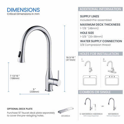 KIBI Napa Single Handle High Arc Pull Down Kitchen Faucet With Soap Dispenser in Chrome Finish - C-KKF2005CH-KSD100CH