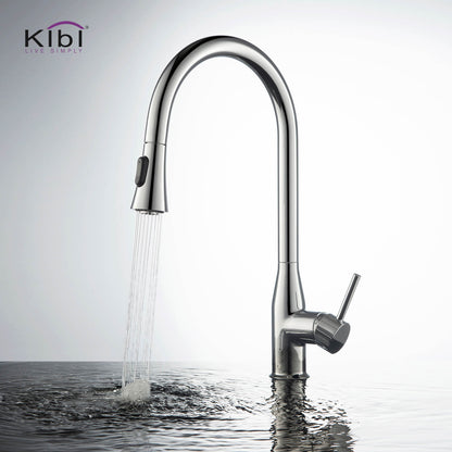 KIBI Napa Single Handle High Arc Pull Down Kitchen Faucet With Soap Dispenser in Chrome Finish - C-KKF2005CH-KSD100CH