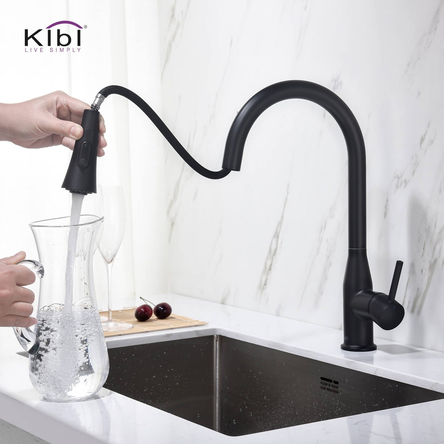 KIBI Napa Single Handle High Arc Pull Down Kitchen Faucet With Soap Dispenser in Matte Black Finish - C-KKF2005MB-KSD100MB