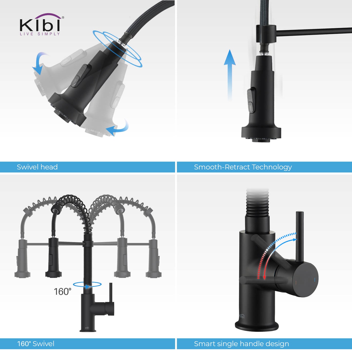 Kibi Aurora Single Handle High Arc Pull Down Kitchen Faucet In Matte Black Finish - KKF2003MB
