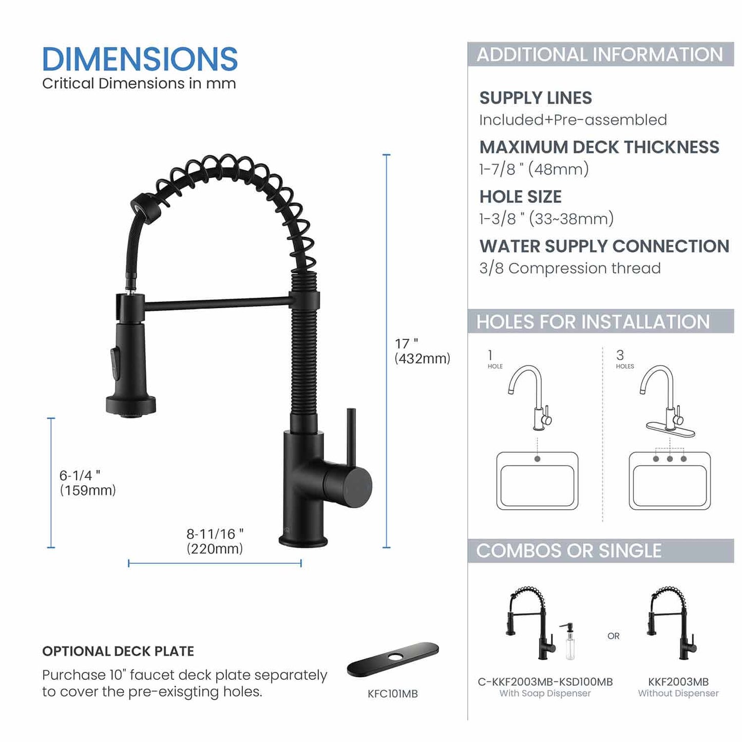 Kibi Aurora Single Handle High Arc Pull Down Kitchen Faucet In Matte Black Finish - KKF2003MB