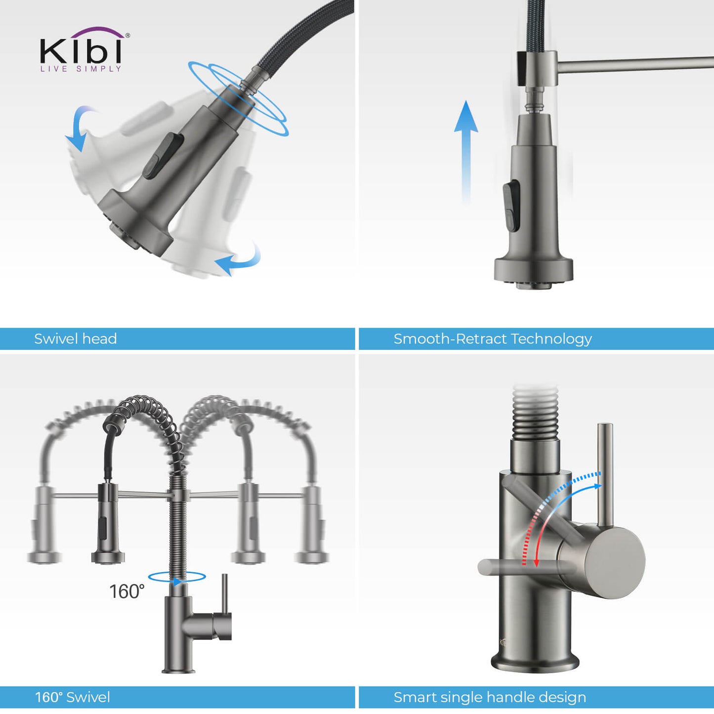 Kibi Aurora Single Handle High Arc Pull Down Kitchen Faucet In Titanium Finish - KKF2003TT