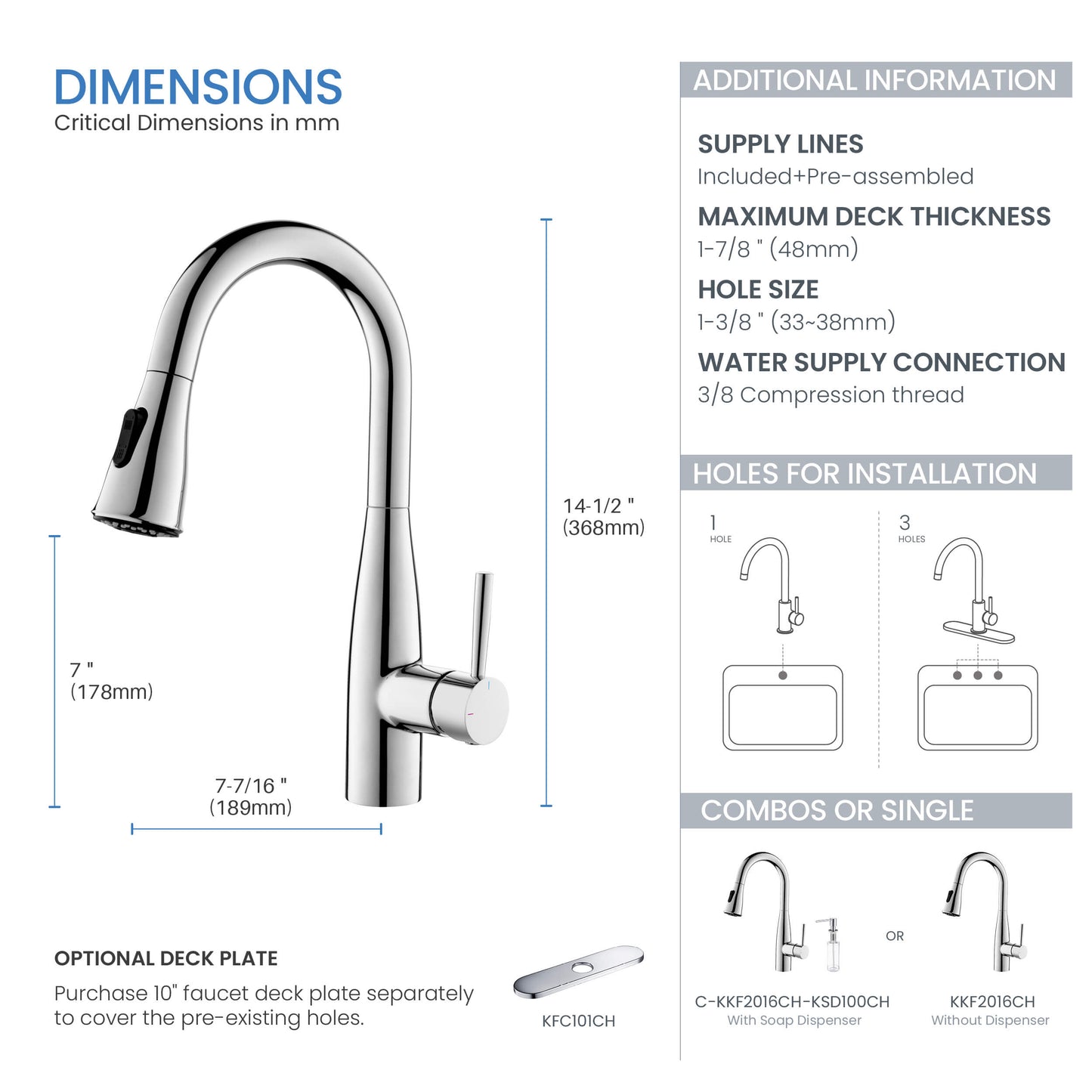 Kibi Bari Single Handle Pull Down Kitchen Bar Sink Faucet With Soap Dispenser in Chrome Finish - C-KKF2015CH-KSD100CH
