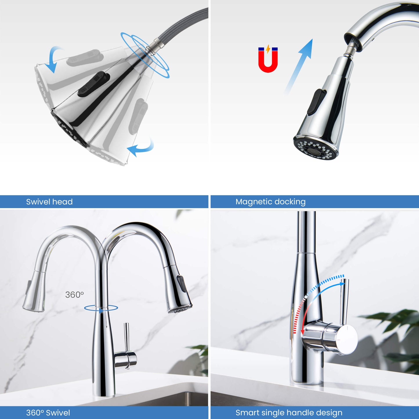 Kibi Bari Single Handle Pull Down Kitchen Bar Sink Faucet With Soap Dispenser in Chrome Finish - C-KKF2015CH-KSD100CH