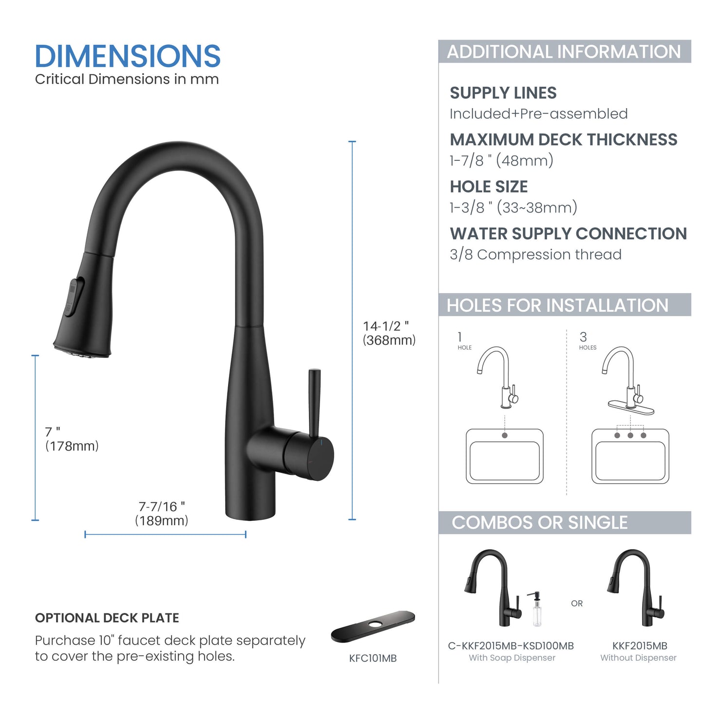 Kibi Bari Single Handle Pull Down Kitchen Bar Sink Faucet With Soap Dispenser in Matte Black Finish - C-KKF2015MB-KSD100MB