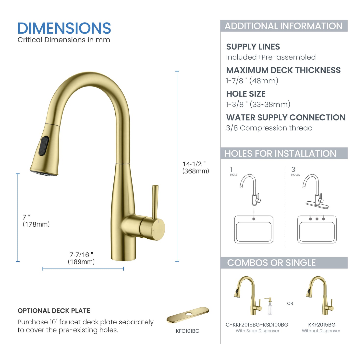 Kibi Bari Single Handle Pull Down Kitchen and Bar Sink Faucet With Soap Dispenser in Brushed Gold Finish - C-KKF2015BG-KSD100BG