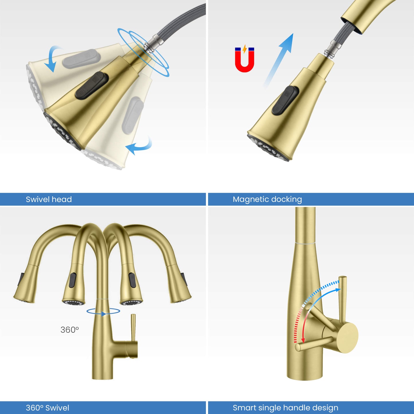 Kibi Bari Single Handle Pull Down Kitchen and Bar Sink Faucet With Soap Dispenser in Brushed Gold Finish - C-KKF2015BG-KSD100BG