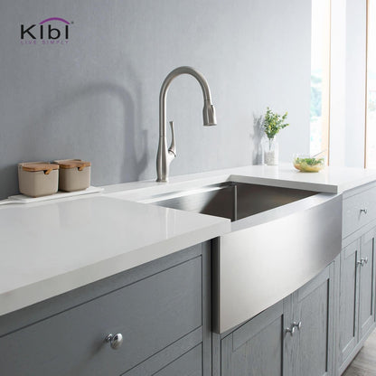 Kibi Cedar Single Handle High Arc Pull Down Kitchen Faucet in Brushed Nickel Finish - KKF2010BN